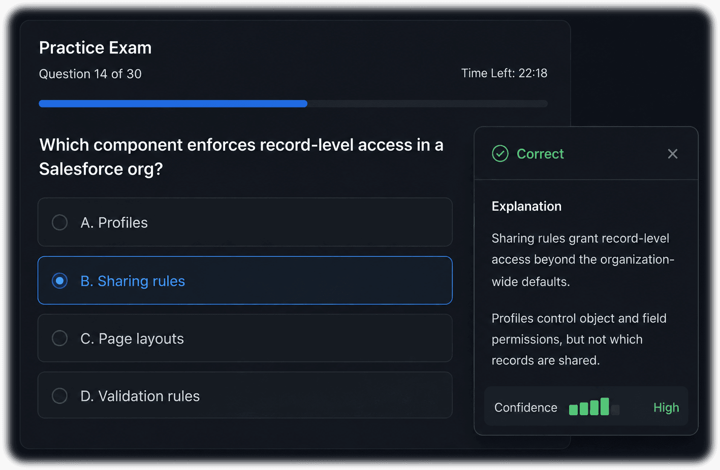 Auto-Snapper AI explaining a practice exam question: the captured study window shows a Salesforce record-access question, and the app's overlay confirms the answer with an explanation and a high confidence rating.